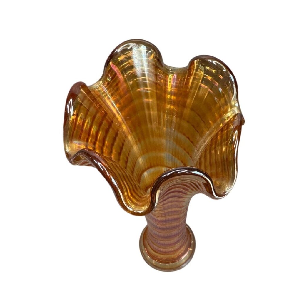 Antique Marigold Carnival Funeral Vase Ruffled Rim Glass Ribbed 10.5 Inch Tall - Picture 4 of 8